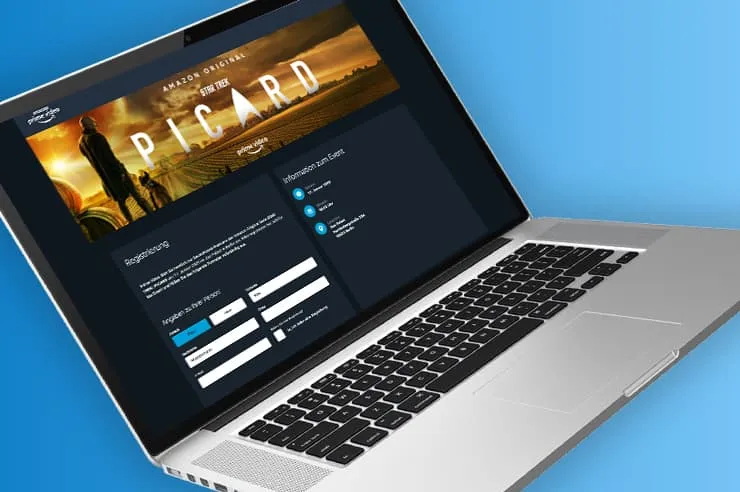 Event-Landingpage im Prime-Video-Design auf dem Laptop: Header von Star Trek: Picard, Registrierungsformular und Informationen zum Event