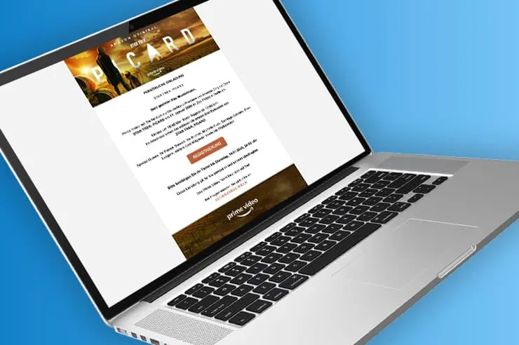 Persönliche Einladungsmail zur Premiere von Star Trek: Picard im Prime-Video-Design auf dem Laptop, mit Button zur Registrierung
