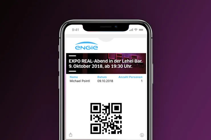 Ticket zum EXPO REAL-Abend von ENGIE auf dem Handy mit Name, Datum, Anzahl Personen und QR-Code