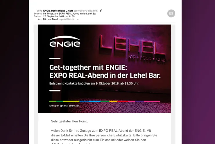 Ticket-E-Mail von ENGIE zum EXPO REAL-Abend in der Lehel Bar am 9. Oktober 2018 mit persönlicher Eintrittskarte