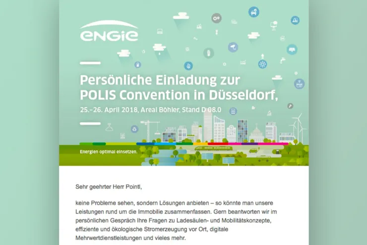 E-Mail-Einladung von ENGIE zur POLIS Convention in Düsseldorf, 25. bis 26. April 2018, mit illustrierter Stadtlandschaft im Kopf