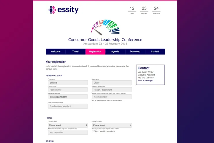 Anmeldeseite der Essity Consumer Goods Leadership Conference mit Countdown, Menü und Formular für persönliche Daten, Assistenz-E-Mail und Hotel
