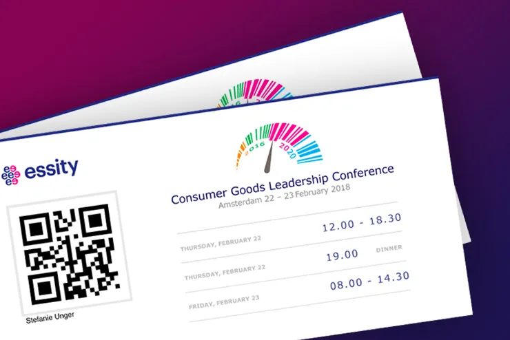 Gedruckte Tickets der Essity Consumer Goods Leadership Conference mit QR-Code, Gastname und Zeiten je Programmtag