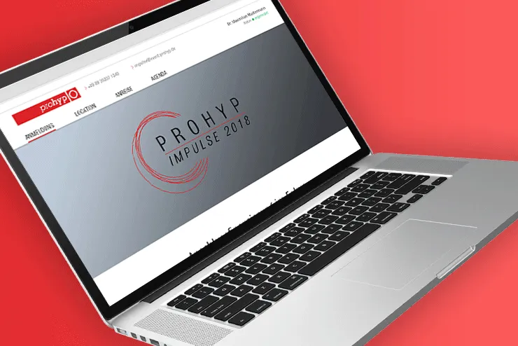 Landingpage „Prohyp Impulse 2018“ auf dem Laptop, mit Prohyp-Logo und Navigation Anmeldung, Location, Anreise, Agenda