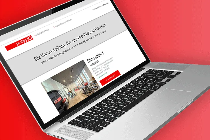 Prohyp-Landingpage für eine Veranstaltung für Classic-Partner auf dem Laptop: Termin Düsseldorf mit Foto des Veranstaltungsorts und Button zur Anmeldung