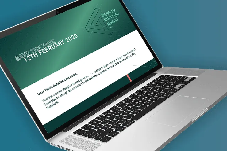 Save-the-date email for the 2020 Supplier Award on a laptop, with a personal greeting
