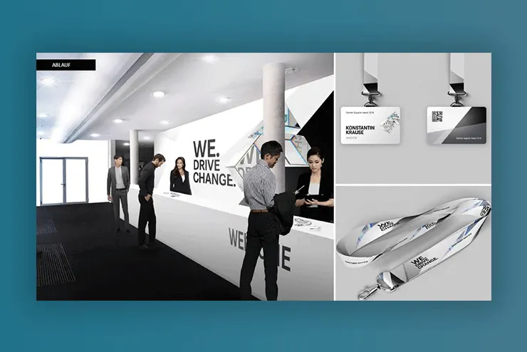 Rendering of the entrance: welcome desk with guests, next to name badges with QR codes
