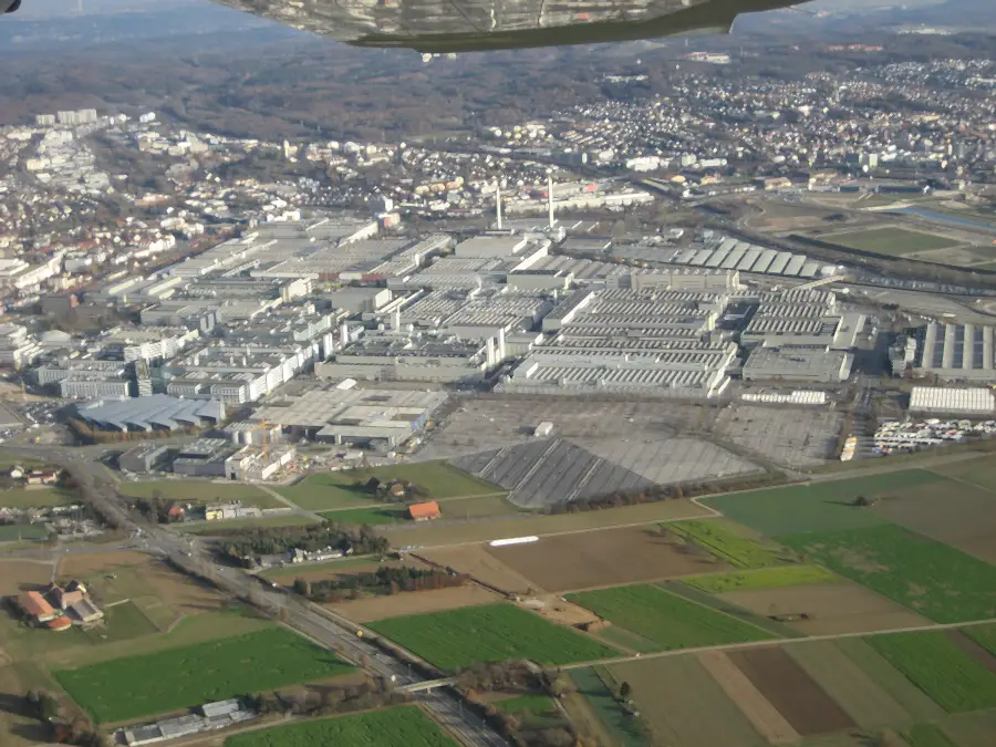 Aerial view of the Mercedes-Benz plant in Sindelfingen with its production halls, test track and surroundings