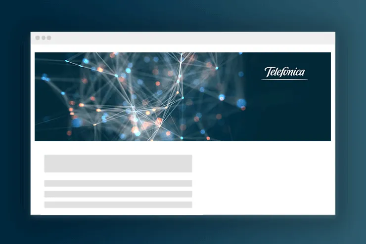 Browserfenster mit Template im Telefónica-Design: dunkelblauer Kopfbereich mit Netzwerkgrafik und Telefónica-Logo, darunter Platzhalter für Inhalte