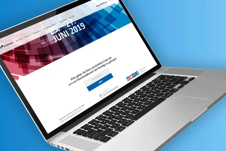 Eventwebseite der Pharmazing Days 2019 auf dem Laptop mit Login per persönlichem Code zum Downloadbereich der Vorträge