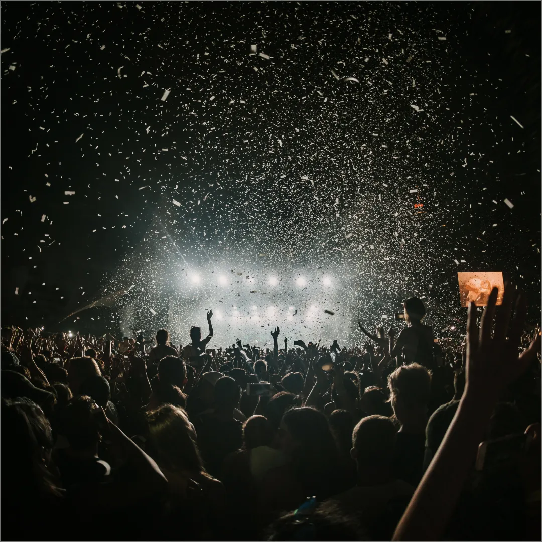 Image from the key visual: confetti raining over a brightly lit stage, a crowd with raised hands in front