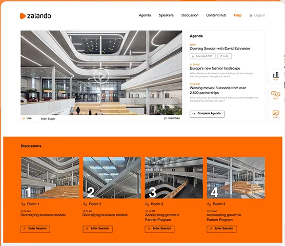 Event-Plattform des Zalando Summits: Main Stage mit Live-Stream, Agenda daneben, darunter vier Discussion Rooms mit Button zum Betreten