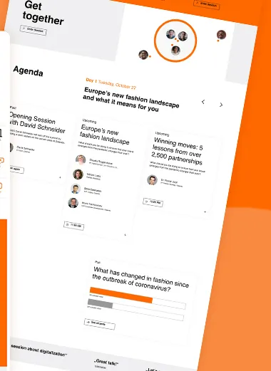 Agenda des Zalando Summits mit Sessions zu Europas Modemarkt, Referentenfotos und einer Live-Umfrage zur Frage, was sich in der Mode seit Corona verändert hat