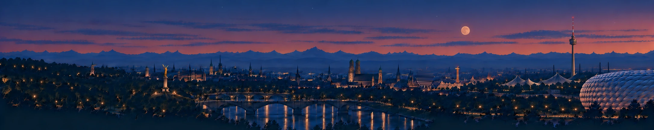 Münchner Skyline bei Nacht, Blick von Norden nach Süden – Friedensengel, Maximilianeum, Isar, Englischer Garten, Frauenkirche, Olympiaturm, Theresienwiese und Allianz Arena vor den Alpen