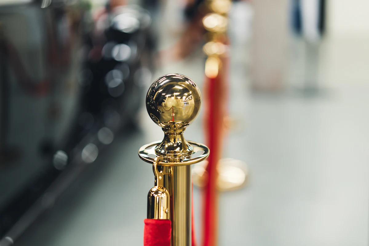 Row of red velvet ropes with gold stanchions